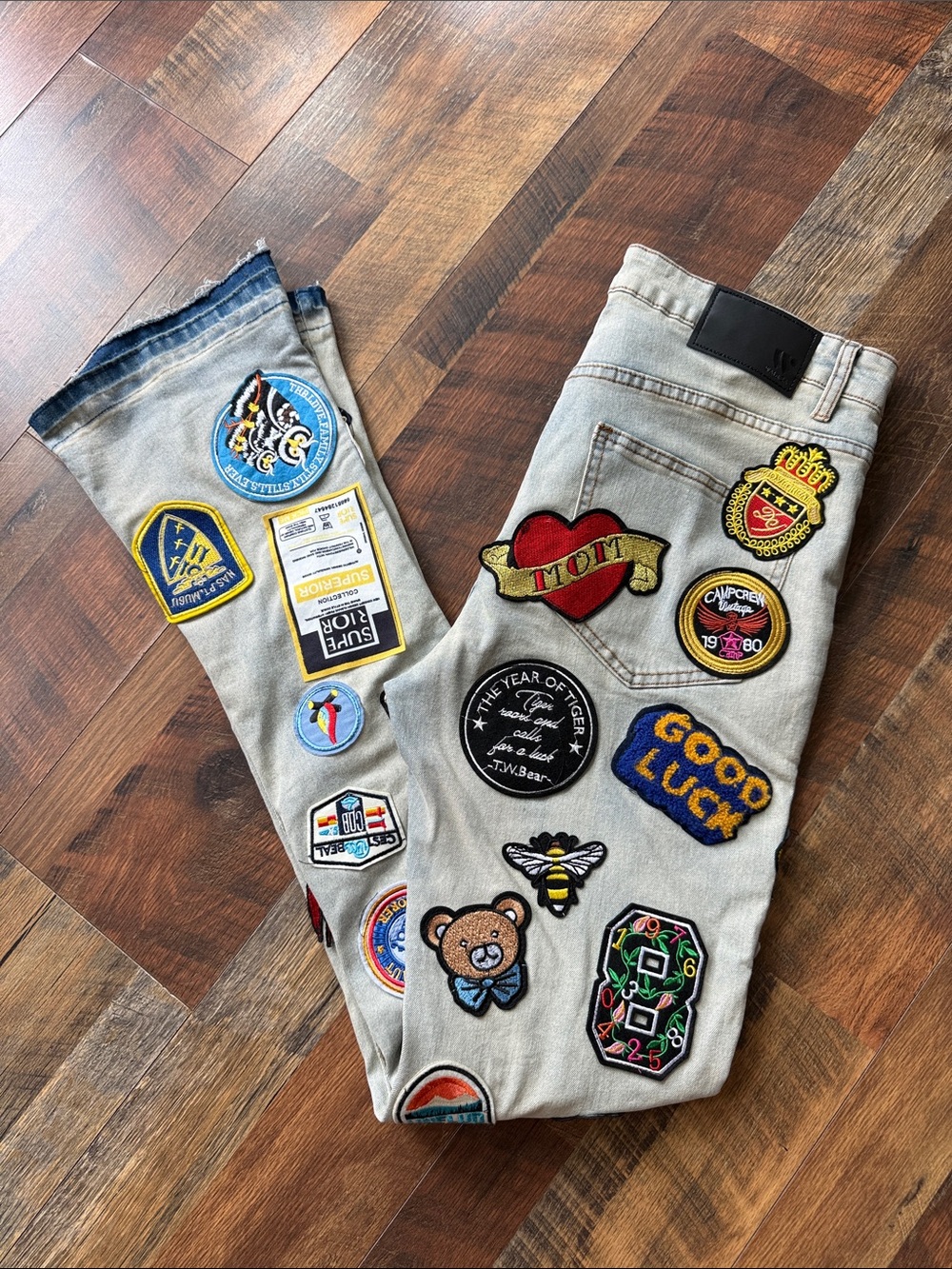 Waimea Patchwork Embroidered Jeans Stacked Fit Size 34 Y2K Streetwear